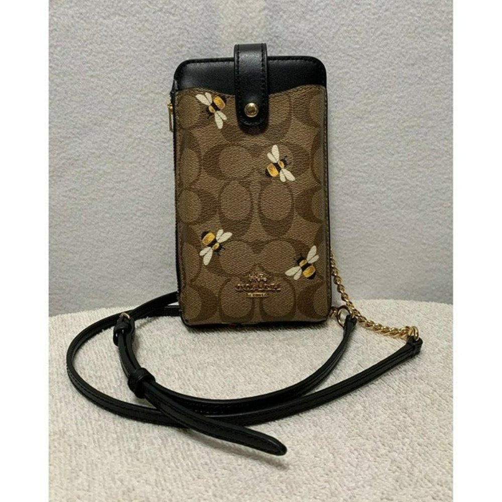 Coach North South Phone Crossbody In Signature Canvas With Bee Print Khaki